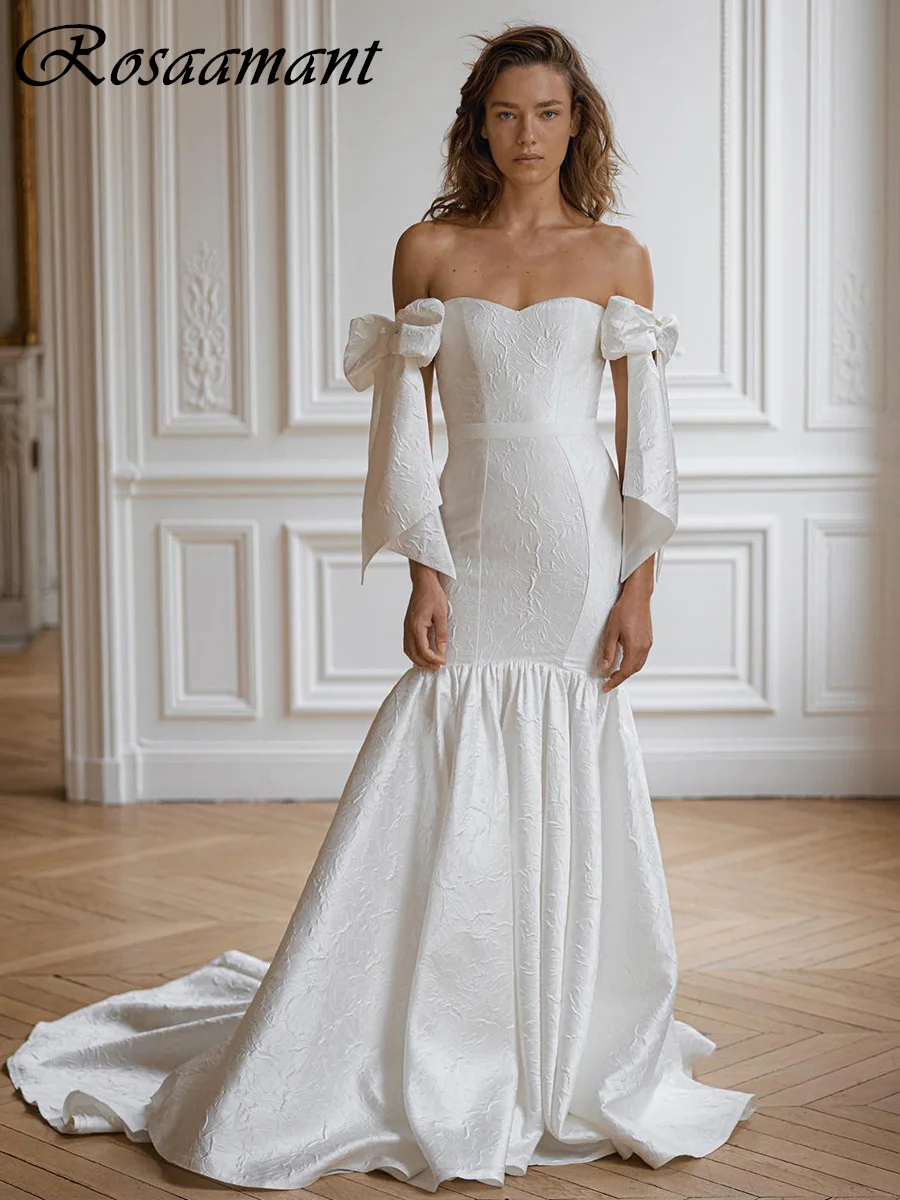 Elegant Jacquard Satin Mermaid Wedding Dresses Off The Shoulder Bow Bridal Gowns Robe De Mariée
Elegant Jacquard Satin Mermaid Wedding Dresses Off The Shoulder Bow Bridal Gowns Robe De Mariée