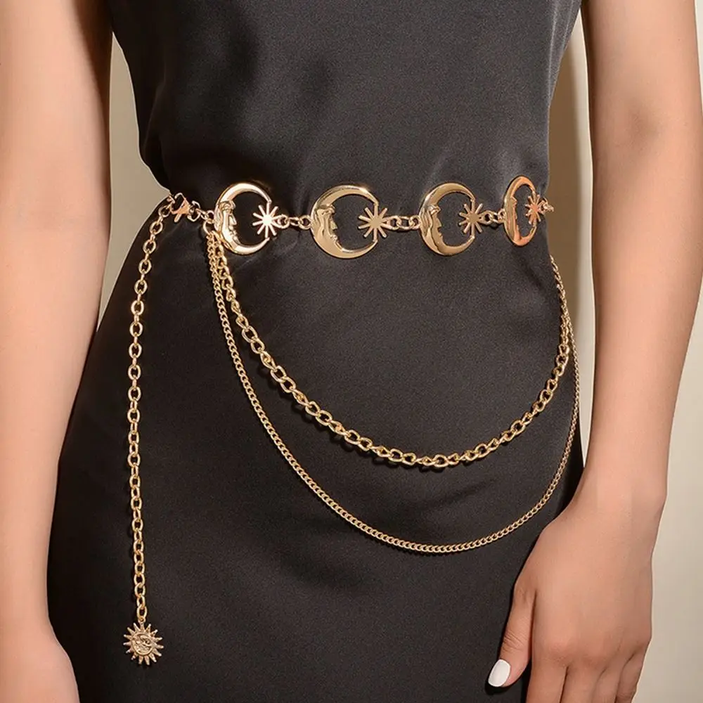 

Ladies Hip Hop Style Vintage All-match Womans Layered Belt Punk Waist Chain Dress Cummerbands Moon Star Waistband