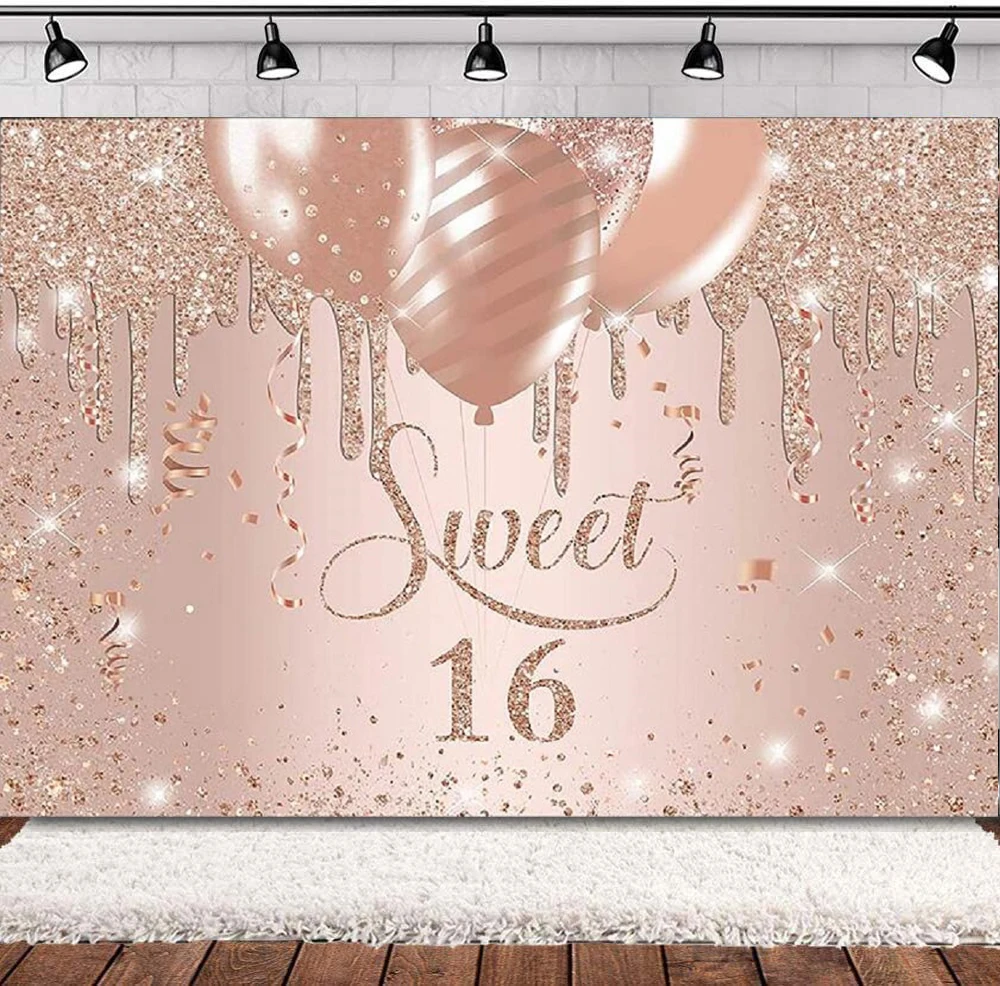 Photography Backdrop Glitter Drips Rose Gold Balloons Sweet Girls Sixteen Background Happy 16th Birthday Decorations Supplies
Photography Backdrop Glitter Drips Rose Gold Balloons Sweet Girls Sixteen Background Happy 16th Birthday Decorations Supplies