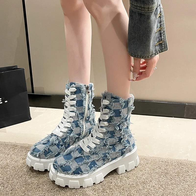Women's Boots Winter New Platform Ladies Shoes Cross Lace Up Ankle Boots Denim Blue High Heels Punk Gothic Botas Mujer Designer
Women's Boots Winter New Platform Ladies Shoes Cross Lace Up Ankle Boots Denim Blue High Heels Punk Gothic Botas Mujer Designer