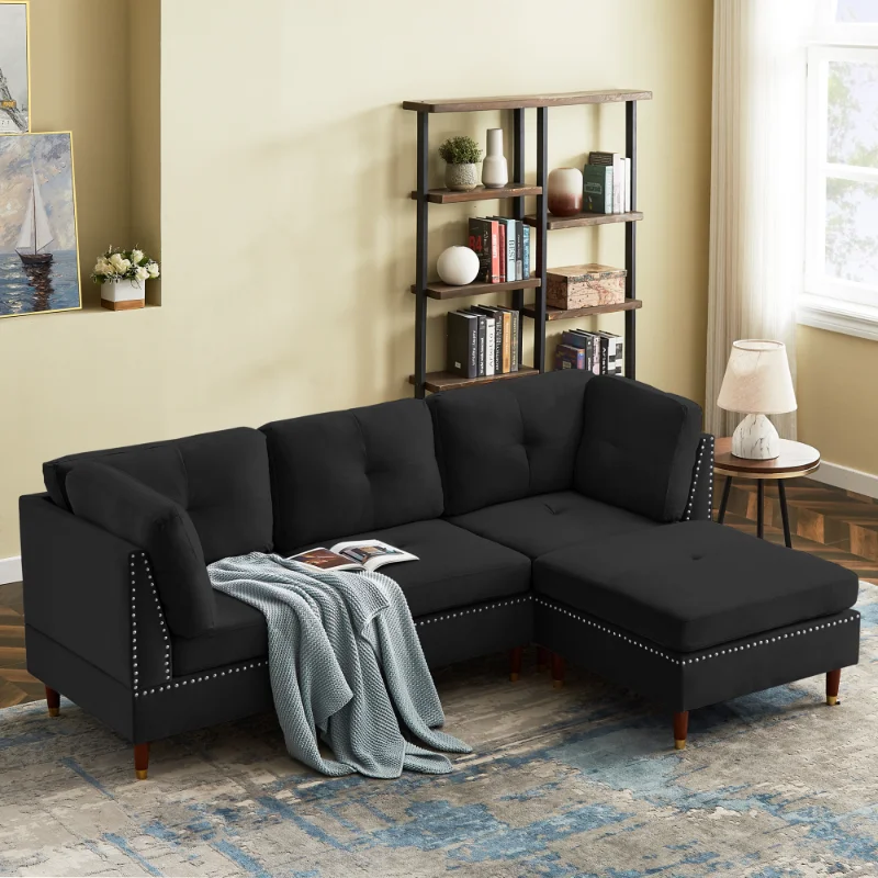 Ional Sofa Couch with Ottoman\ Modern L-Shaped Couch with Nail Head for Apartment and Living Room. Black Velvet 
Ional Sofa Couch with Ottoman\ Modern L-Shaped Couch with Nail Head for Apartment and Living Room. Black Velvet