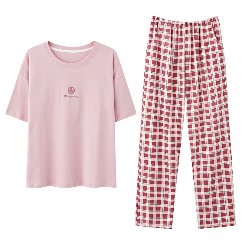 Summer Cotton Pajamas for Women Short-sleeve Long Plaid Home Pants Pyjama Set Home Clothes for Sleep Wear DropShipping
Summer Cotton Pajamas for Women Short-sleeve Long Plaid Home Pants Pyjama Set Home Clothes for Sleep Wear DropShipping