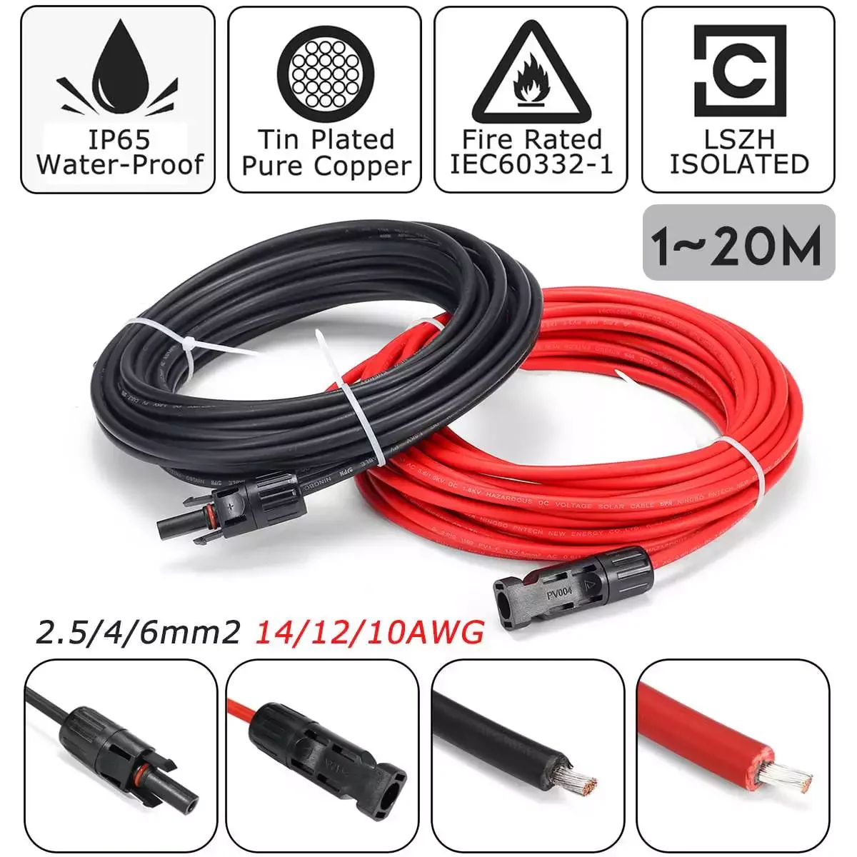 KINCO 1 Pair Solar Panel Extension Cable Copper Wire Black and Red with Connector Solar PV Cable 2.5mm 14 AWG
KINCO 1 Pair Solar Panel Extension Cable Copper Wire Black and Red with Connector Solar PV Cable 2.5mm 14 AWG