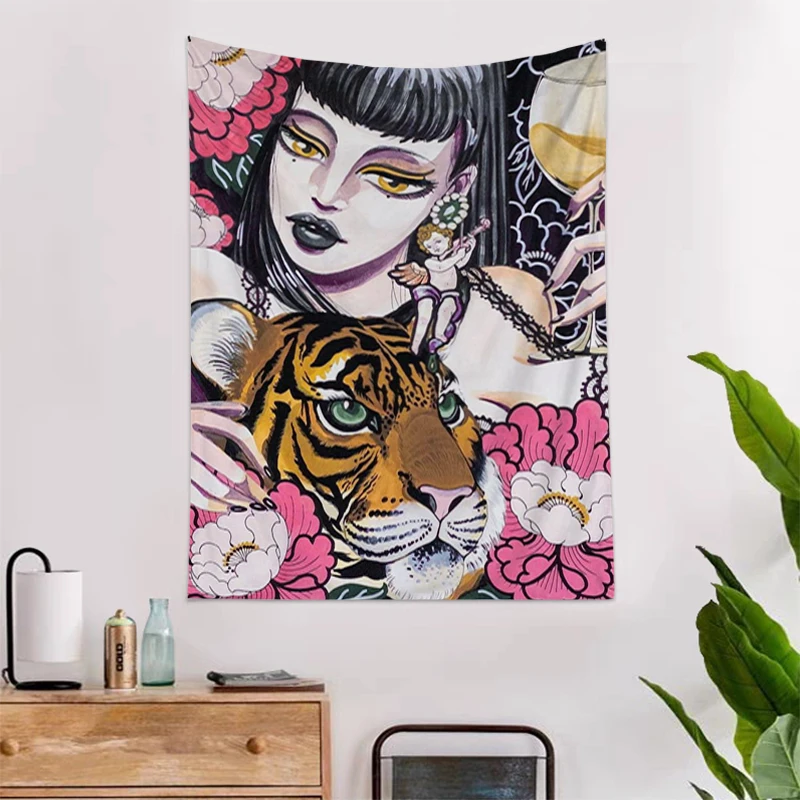 

Tapestry Wall Hanging Girl Tiger Psychedelic Mysterious Forest Custom Tapestries Anime Decoration Bed Room Decors Aesthetic Home
