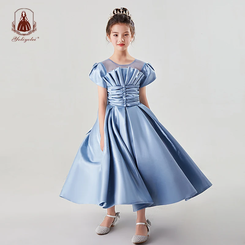 

Yoliyolei 7 to 12 Years Fluffy Dresses Ceremony Satin Solid Party Ball Gowns Pleated Fashion V-neck Princess Dress For Girl