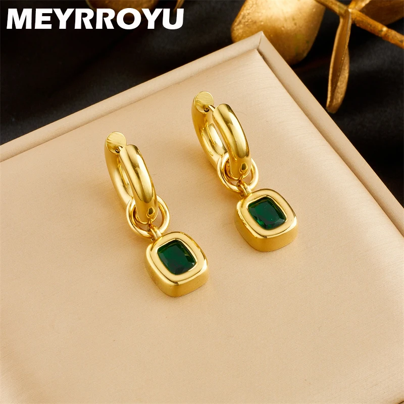 

MEYRROYU 316L Stainless Steel Vintage Hoop Earrings Square Green Zircon Pendant for Women Statement Jewelry Party Gift Brincos