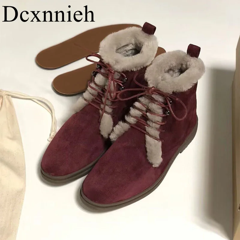 

New Women Wool Turned-over Edge Ankle Boots Cow Suede Round Toe Lace up Short Boots Autumn Winter Warm Flat Heels Snow Boots
