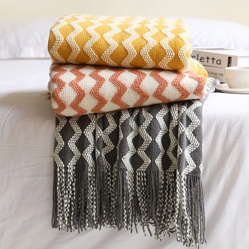 

Nordic Knitted Stripes Tassels Blanket Summer Office Siesta Shawl Blankets and Throws Air Conditioner Blankets Cozy Sofa Blanket