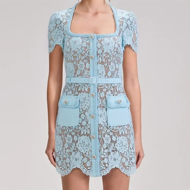 Women Lace Hollow Out Embroidery Square Collar Short Sleeve Pockets Mini Dress
Women Lace Hollow Out Embroidery Square Collar Short Sleeve Pockets Mini Dress