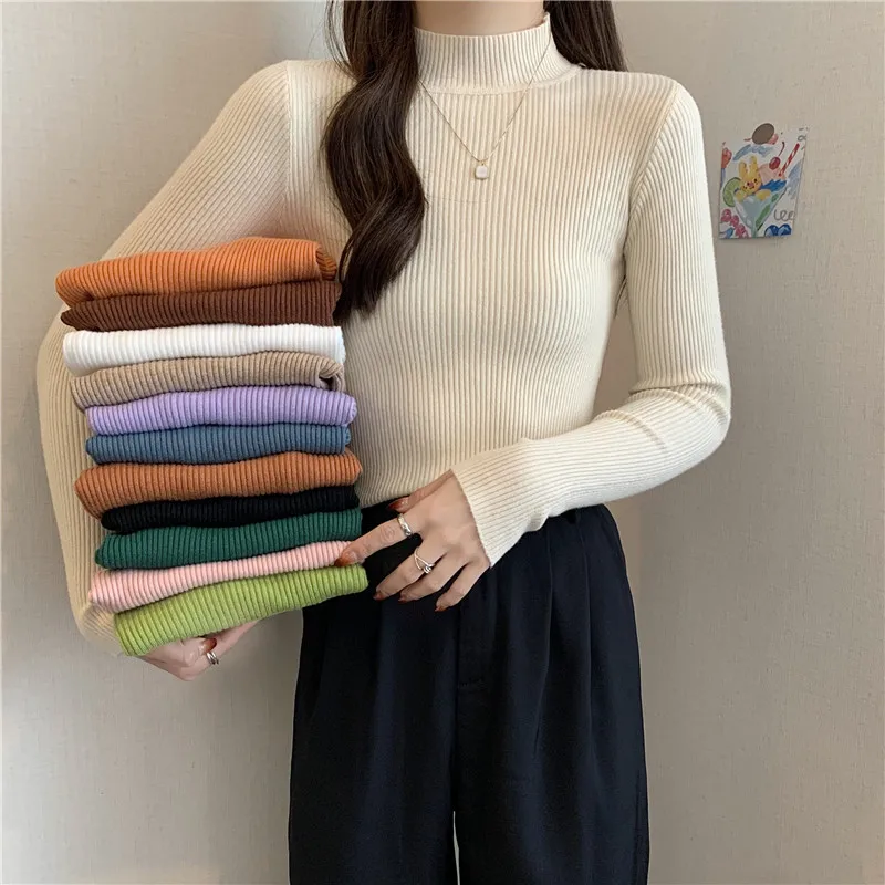 

Женский вязаный свитер с высоким воротником, повседневный однотонный базовый пуловер в Корейском стиле, модный простой Шикарный джемпер, Осень-зима