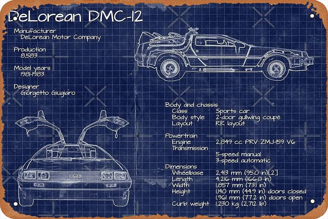Плакат Назад в будущее Delorean Blueprints металлическая жестяная вывеска 8 x 12 дюймов