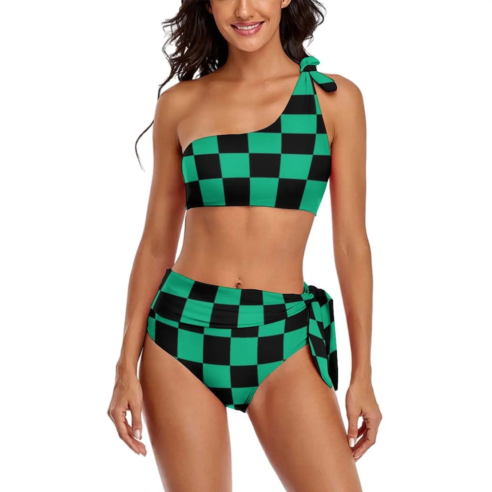 

Sexy Green And Black Checkerboard Bikinis Set Retro Square Modern Bikini Swimsuit One Shoulder Swimwear Pool Print Swimsuits