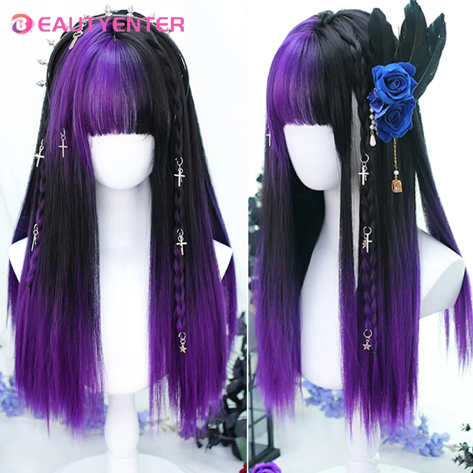 

BEAUTYENTERWomen Synthetic Lolita Wig Long Straight Ombre Two Tone Purple Black Hair For Cosplay With Bang