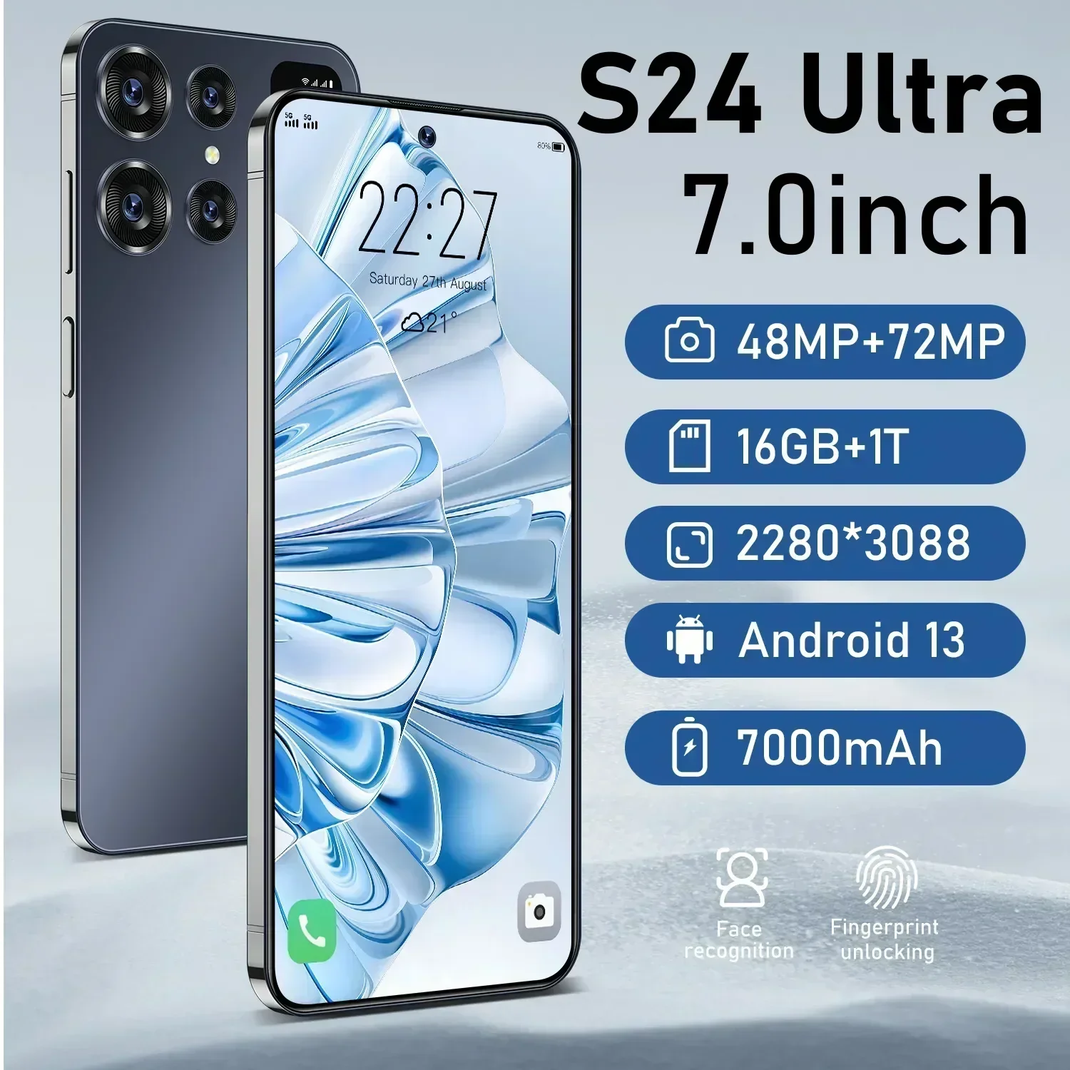

Оригинальный смартфон S24 S23 Ultra, экран 7,0 дюйма HD, 16 ГБ + 1 ТБ, телефон с двумя Sim-картами, Android 13, телефон с разблокировкой по лицу, 7000 мАч, торжество
