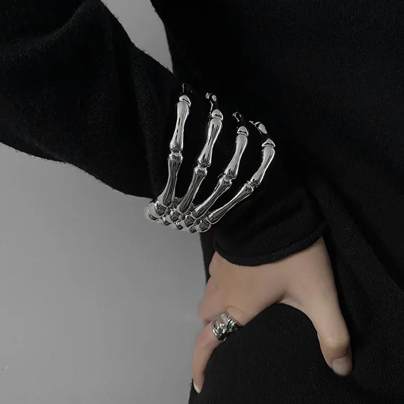 

CARLIDANA Punk Exaggerated Silver Color Skeleton Hand Cuff Bracelet Gothic Edgy Bone Hand Claw Armlet Bracelet Bangle Arm Ring