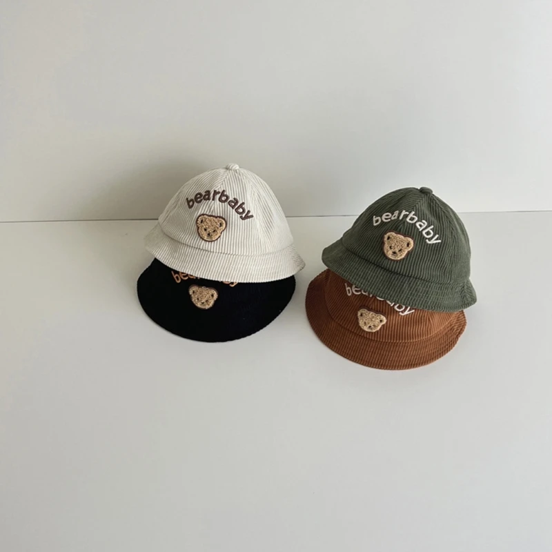 

Fisherman Hat Baby Boy Girl Big Brim Cap Basin Hat Embroidered Bear Sunhat