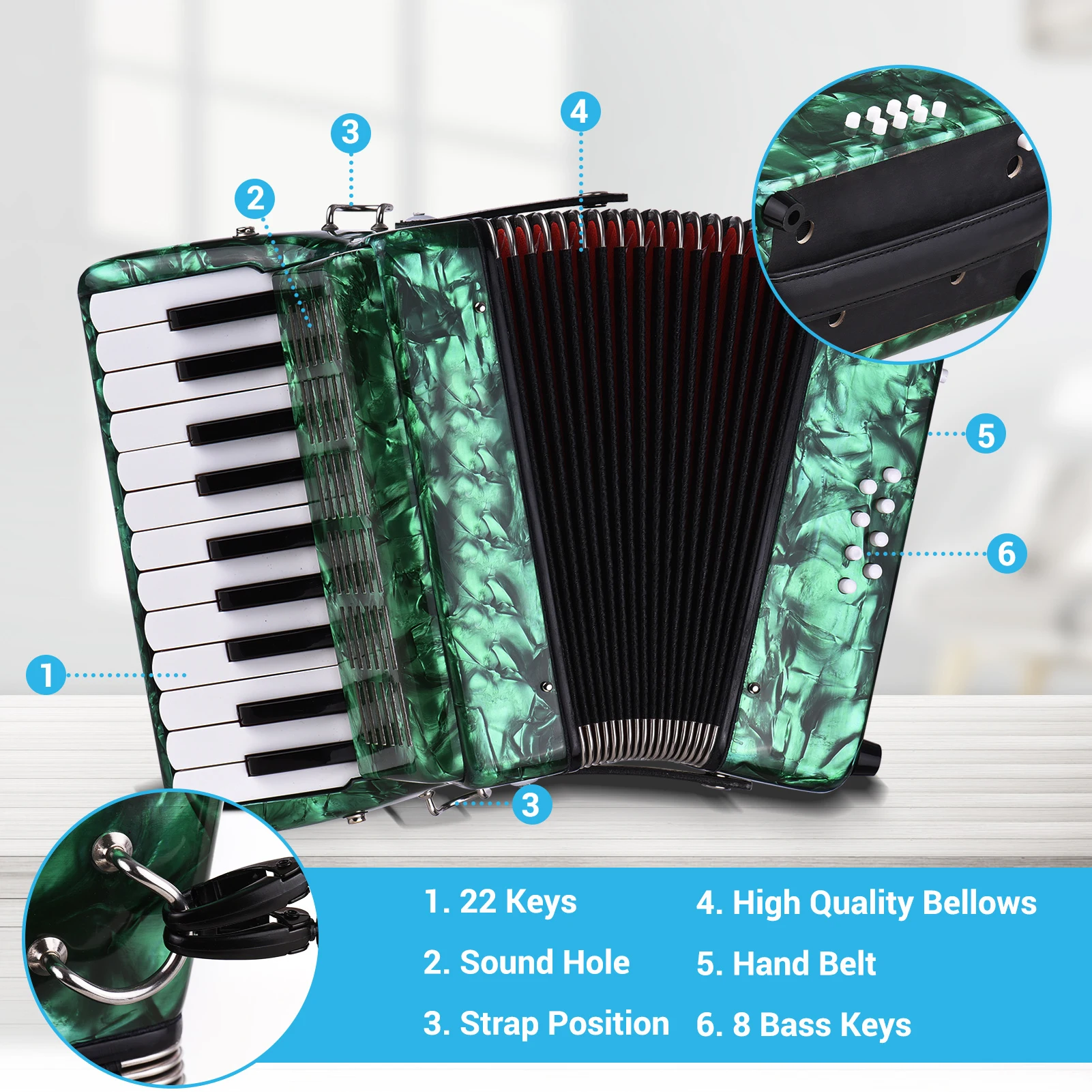 

22 Keys 8 Bass Piano Accordion with Adjustable Straps Gig Bag Musical Instrument for Kids Beginners maple wood body
