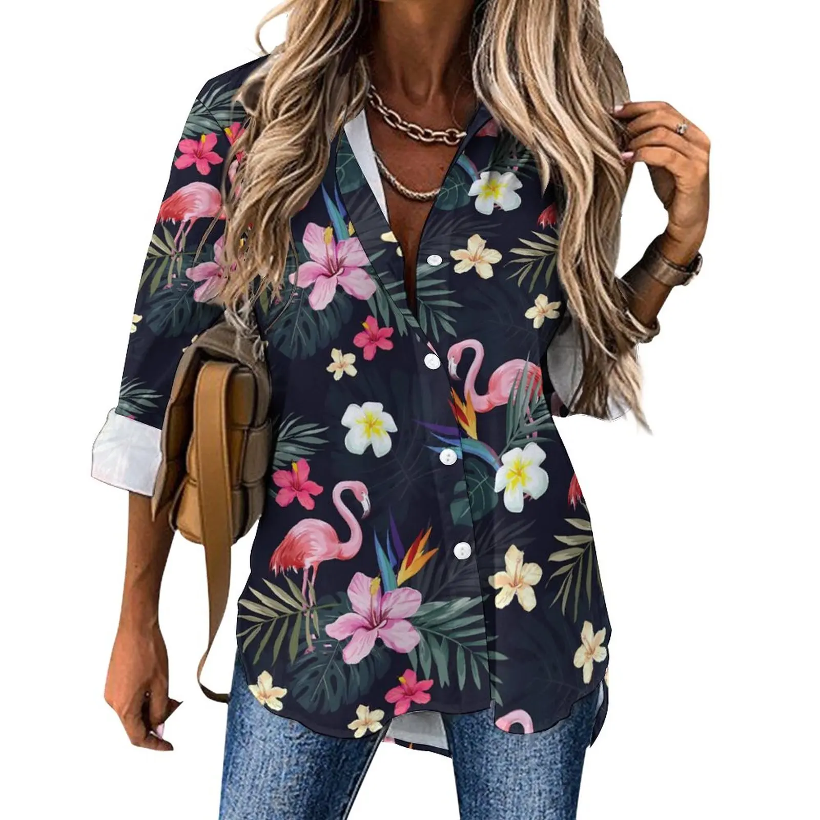 

Повседневная Блузка с тропическими птицами, крутые пользовательские блузки с принтом фламинго, женская уличная одежда с длинным рукавом, рубашки, Осенний Топ большого размера