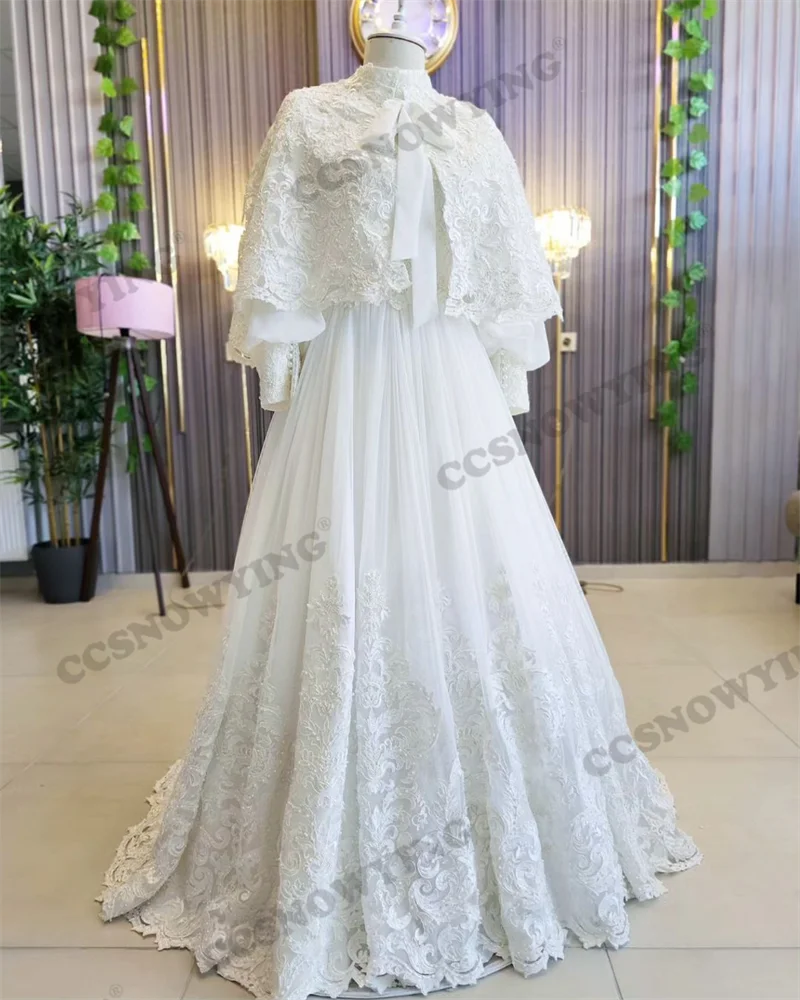 

With Cape Appliques Beaded Muslim Wedding Dress for Bride Long Sleeve Islamic Bridal Gowns High Neck Women Arabic Robe De Mariée