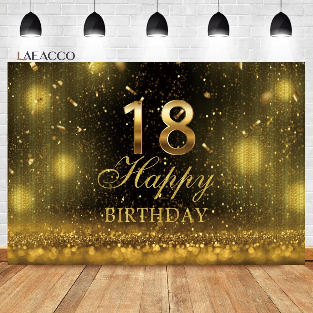 

Laeacco Happy 18th Backdrop Dreamy Light Bokeh Glitter Gold Adults Birthday Party Portrait Customized Photography Background