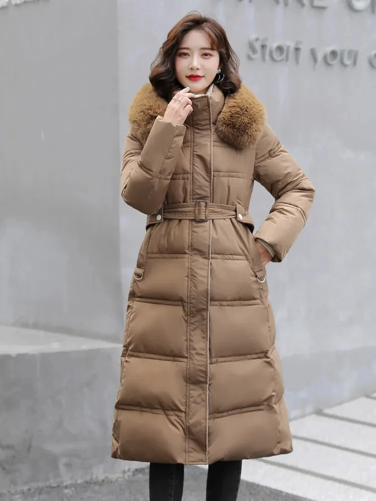 

Женская зимняя длинная куртка, парка с капюшоном и меховым воротником, утепленное женское пуховое хлопковое пальто, женская зимняя верхняя одежда, 2023