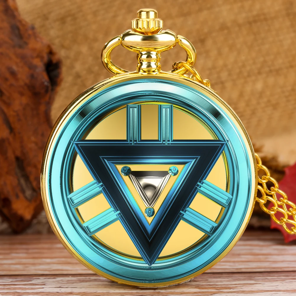 

Triangle Arc Reactor Unofficial Man Tony Stark Gold Pocket Watch Luxury Necklace Pendant Chain Quartz Anime Clock for Men Women