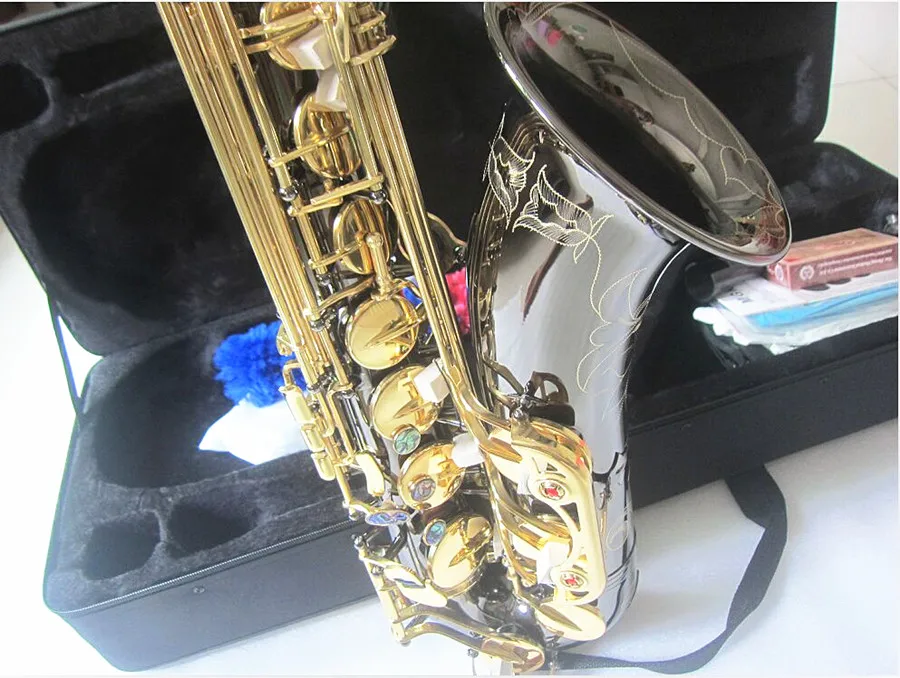 New Tenor Saxophone Bb Electroplated black nickel Music instrument Black Golden key Quality Sax Brass Pearl Buttons
New Tenor Saxophone Bb Electroplated black nickel Music instrument Black Golden key Quality Sax Brass Pearl Buttons