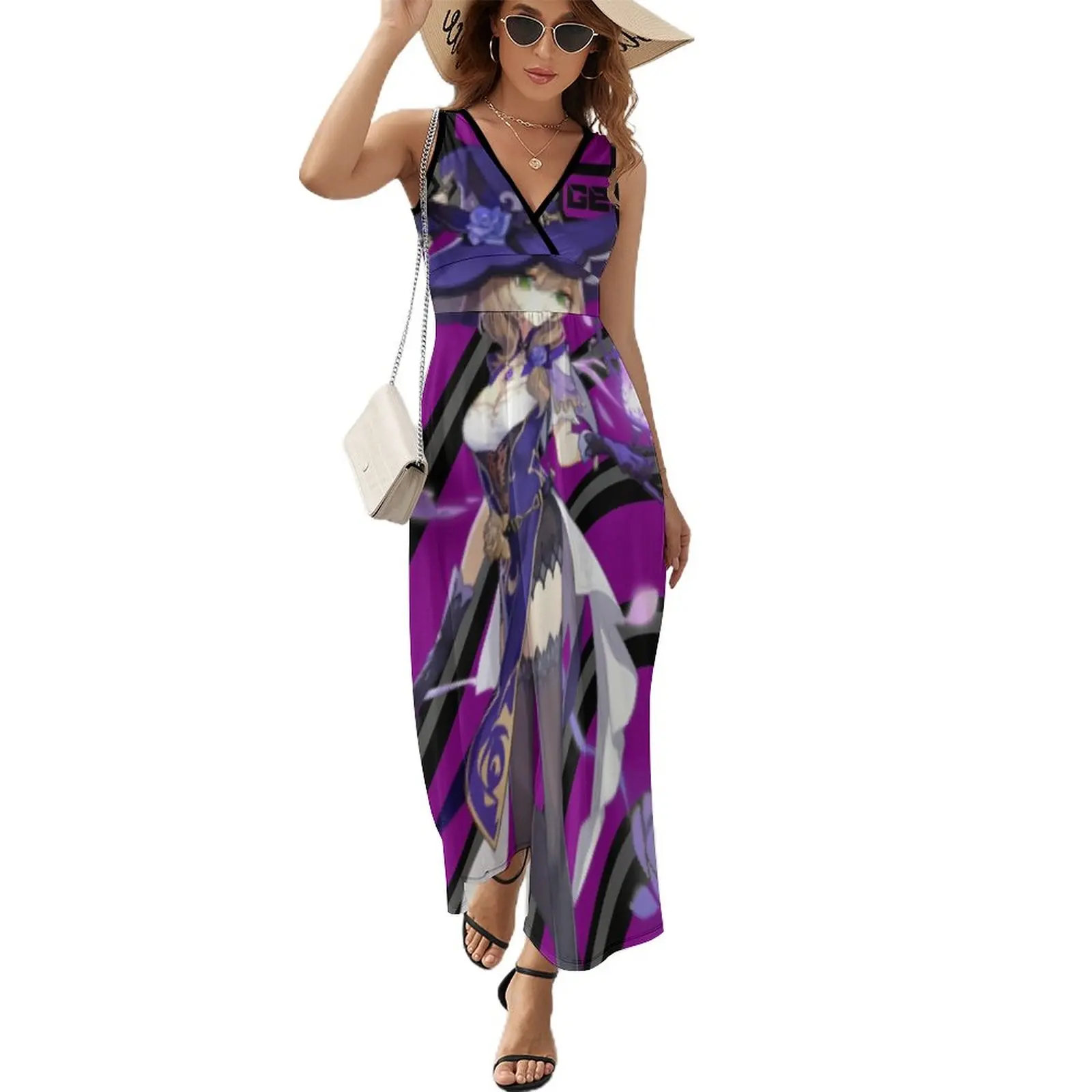

Genshin Print Dress Summer Lisa Wish Print Street Style Boho Beach Long Dresses Women High Waist Pattern Vintage Maxi Dress