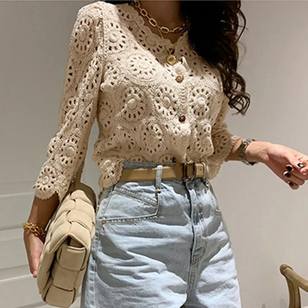 Однотонная блузка элегантный вязаный крючком кардиган женский ажурный кружевной Вязаный топ с однобортной застежкой три на весну