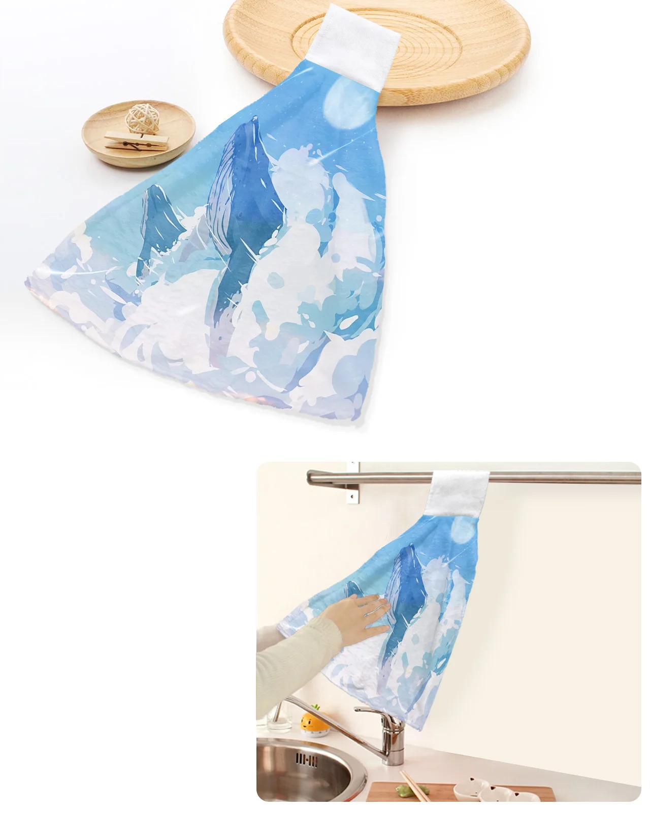 

Whale Blue Sky Meteor Star Cloud Hand Towels Home Kitchen Bathroom Hanging Dishcloths Loops Soft Absorbent Custom Wipe Towel