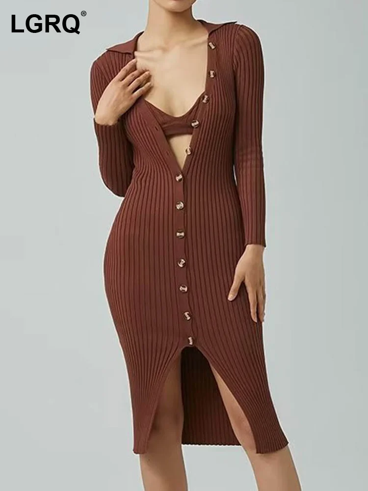 LGRQ Fashion Tide Women's Dresses New Single Breasted Turn-down Collar Long Sleeve Hollow Out Knitting Dress Winter 2023 19J2538
LGRQ Fashion Tide Women's Dresses New Single Breasted Turn-down Collar Long Sleeve Hollow Out Knitting Dress Winter 2023 19J2538