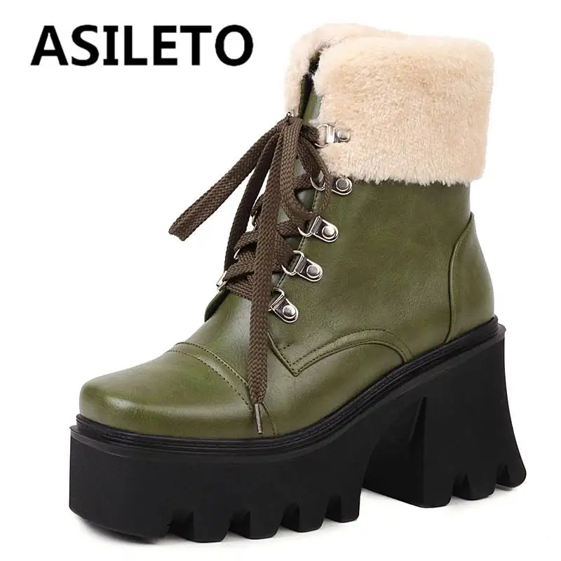 

ASILETO Women Boots Mid-Calf 14.5cm Square Toe Chunky Heel 8cm Platform 4cm Lace-up Big Size 35-43 Warm Fur Casual Daily S4209