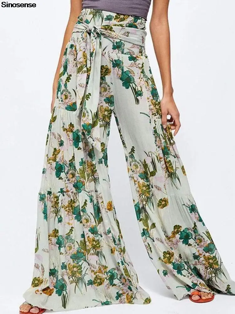 

Women's Ruffle Pants High Waist Trousers Casual Beach Maxi Long Palazzo Overlay Pant Floral Print Belted Flowy Wide Leg Pants