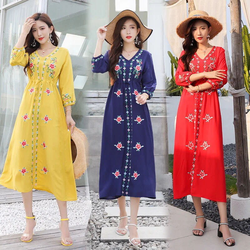 Vintage Women's Nationality Dress Embroidered Flower Lantern Sleeves V-neck Loose And Thin Waist Cotton And Linen Midi Dress
Vintage Women's Nationality Dress Embroidered Flower Lantern Sleeves V-neck Loose And Thin Waist Cotton And Linen Midi Dress
