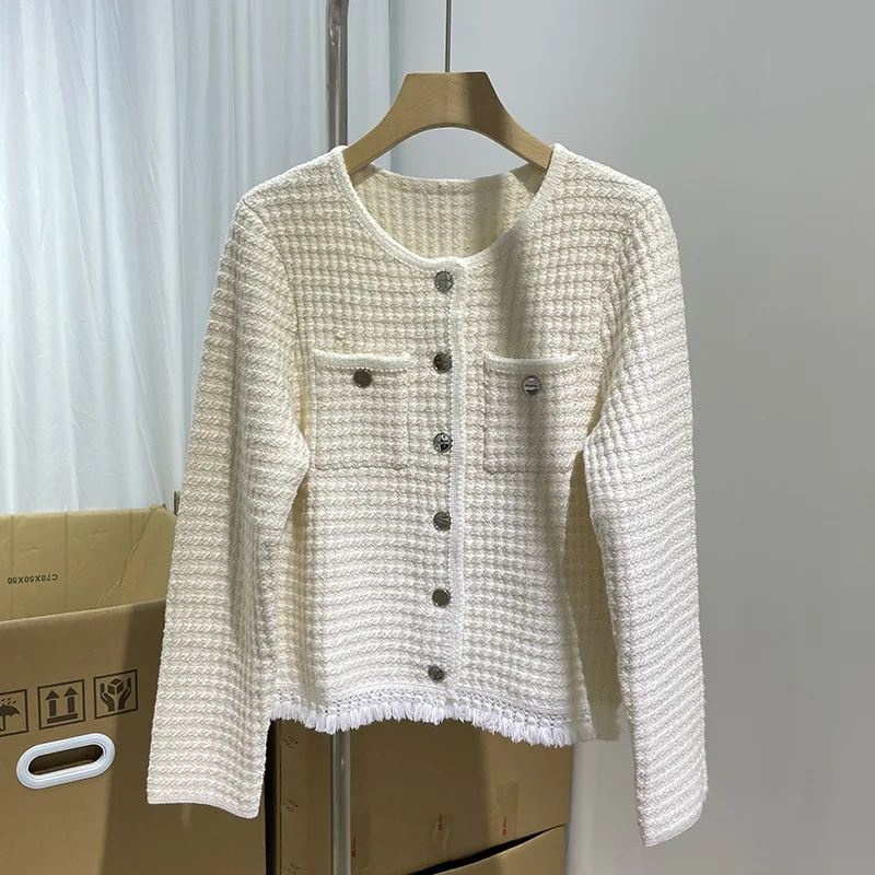 

Tassel Trim Ladies Single-Breasted Knitwear Coat Tops Women's Fashion Tweed Knitted Sweater Cardigan 2023 Autumn New