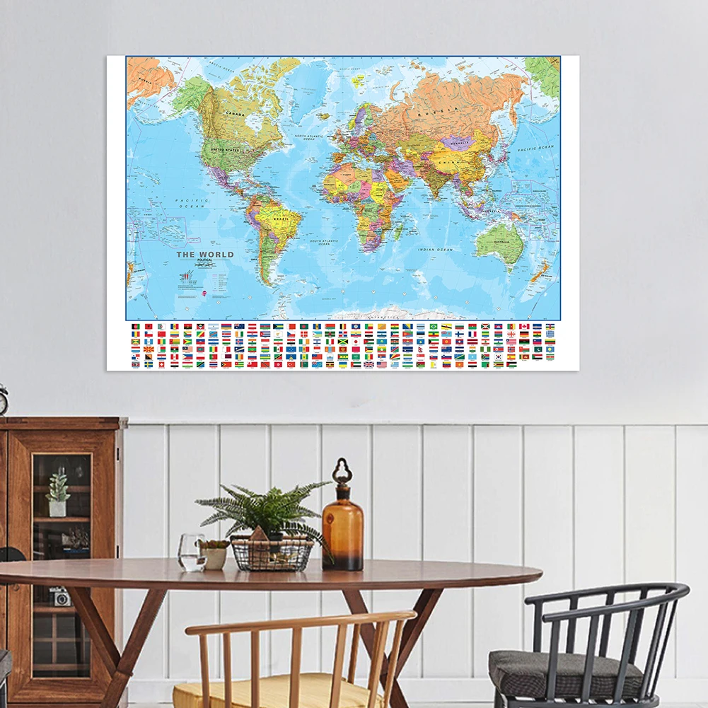 

100*70cm The World Political Map with National Flags Unframed Prints Non-woven Canvas Painting Wall Art Poster Home Decoration