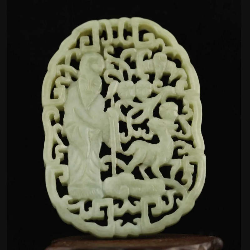 

Old China Natural hetian Jade Hand Carved staute qing dynasty buddha deer pendant y