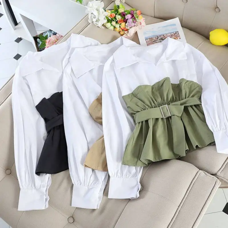 Autumn 2022 V-collar loose long sleeve waist stitching fake two-piece shirt blouse for female students
Autumn 2022 V-collar loose long sleeve waist stitching fake two-piece shirt blouse for female students