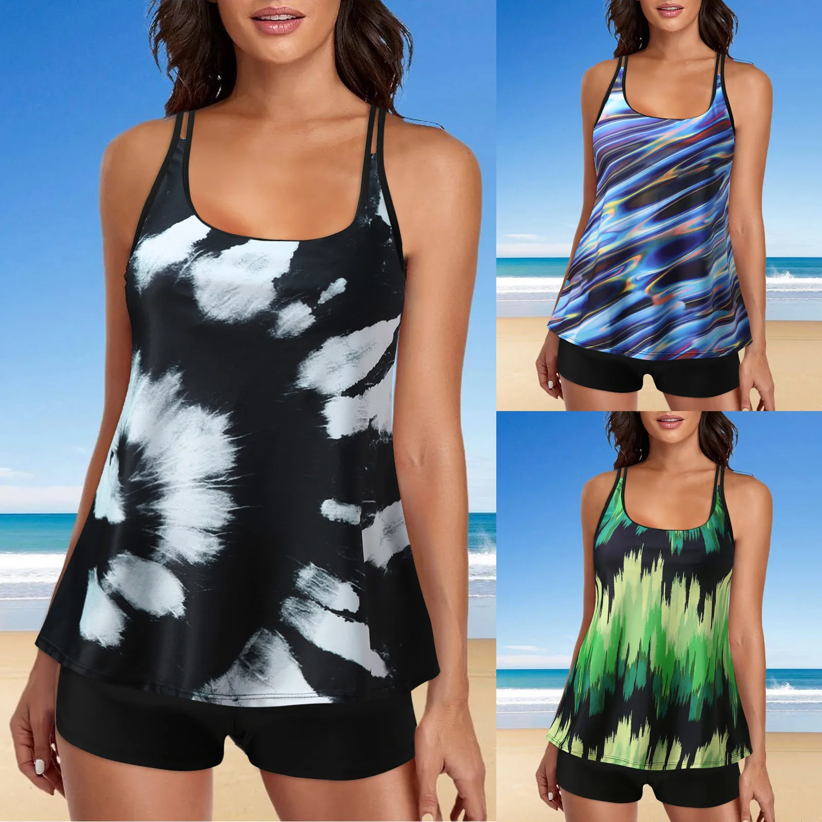 Женские шорты для плавания, купальный костюм с шортами, черный Танкини с двойными бретельками и принтом, женские купальники #50 
Женские шорты для плавания, купальный костюм с шортами, черный Танкини с двойными бретельками и принтом, женские купальники #50