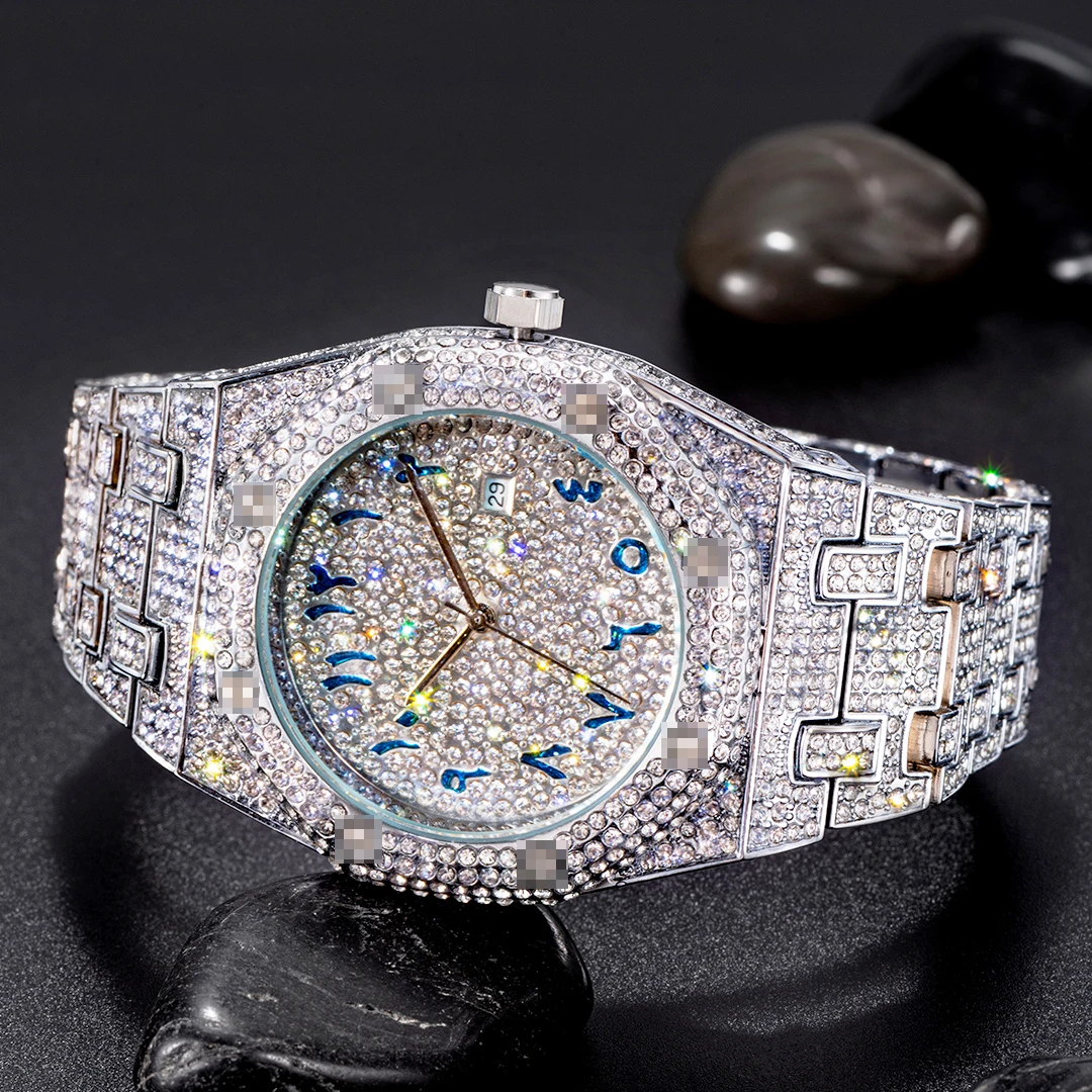 

Hiphop MISSFOX Unique Arab Mens Watches Date Quartz Wristwatch Gold Silver Stainless Steel Luxury Diamond Watch For Men Jewelry