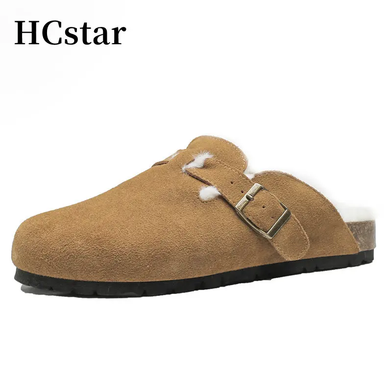 

Genuine Suede Leather Clogs Slippers Women Boston Shearling Mules Slippers Women Flat Shoes Slip on Closed Toe Furry Slides