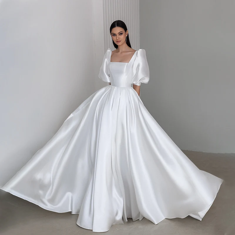 Fashion Boat Neckline Satin Wedding Dress Puff Sleeve Princess A-Line Bridal Gowns Robe de mariage
Fashion Boat Neckline Satin Wedding Dress Puff Sleeve Princess A-Line Bridal Gowns Robe de mariage