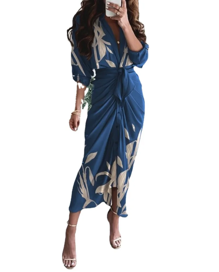 European and American multicolor chain printed shirt dress with long sleeves and pleats
European and American multicolor chain printed shirt dress with long sleeves and pleats