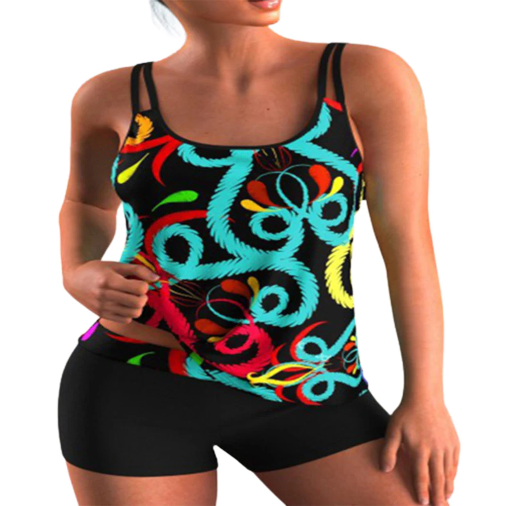 

FS Women Black Print Tankinis Bikini Set Halter Belt Round Neck Bathing Suit Multicolor Stitching Swimwear Two Pieces 2022 New