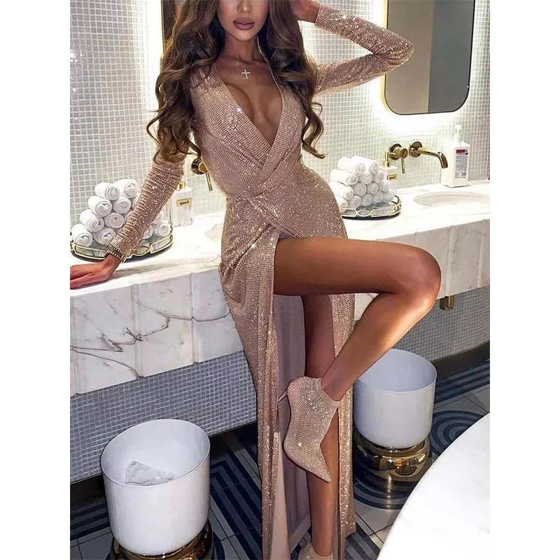 Woman Sequins Sexy Maxi Dresses Y2k Autumn Winter Long Sleeve V Neck Split Elegant Bodycon Party Club Female Evening Dress 2022
Woman Sequins Sexy Maxi Dresses Y2k Autumn Winter Long Sleeve V Neck Split Elegant Bodycon Party Club Female Evening Dress 2022