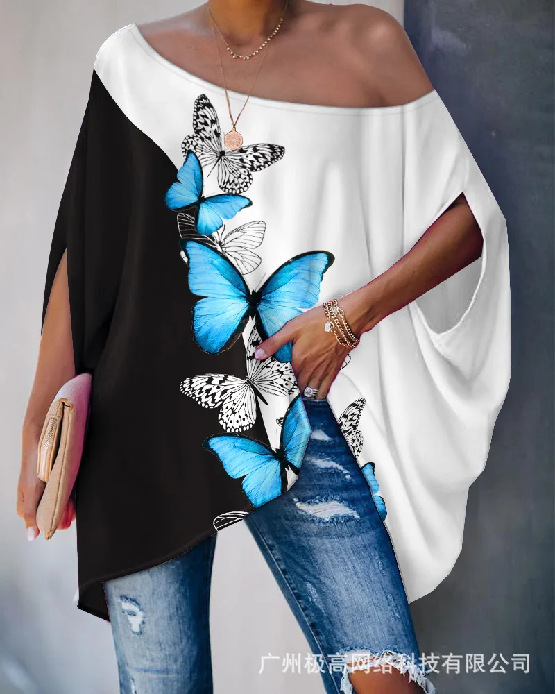 Женская свободная футболка с рукавом летучая мышь и принтом бабочки
Женская свободная футболка с рукавом летучая мышь и принтом бабочки