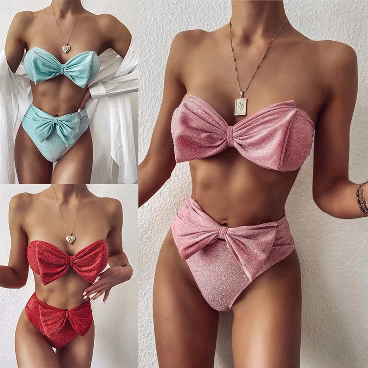 

High Waist Bikini Solid Pink Bikinis 2021 Bow-knot Swimwear Women Bandeau Woman Swimsuit Push Up Bathing Suit