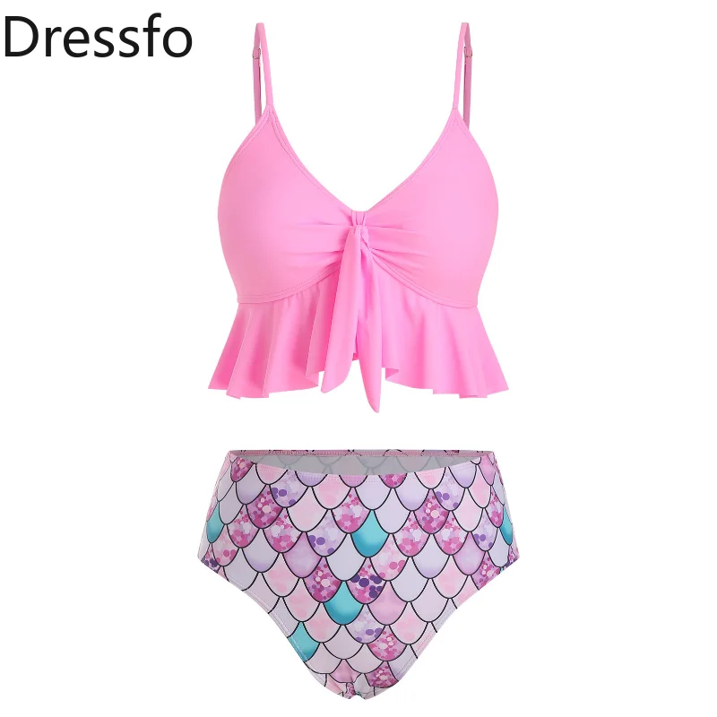 

Dressfo Beach Tankini Swimsuit Mermaid Scale Print Flounce Knot High Waist Tummy Control Shorts Bathing Suit Swimwear 2023 Women