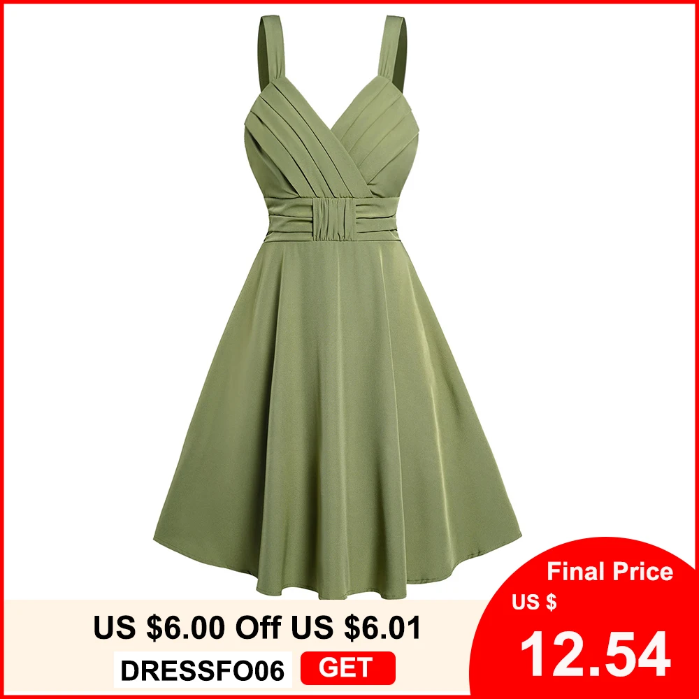 

Dressfo Strap Dress Green Summer Pleated Dresses High Waist Plunging Neck Casual Dress Low Cut Sleeveless Women Party Dress