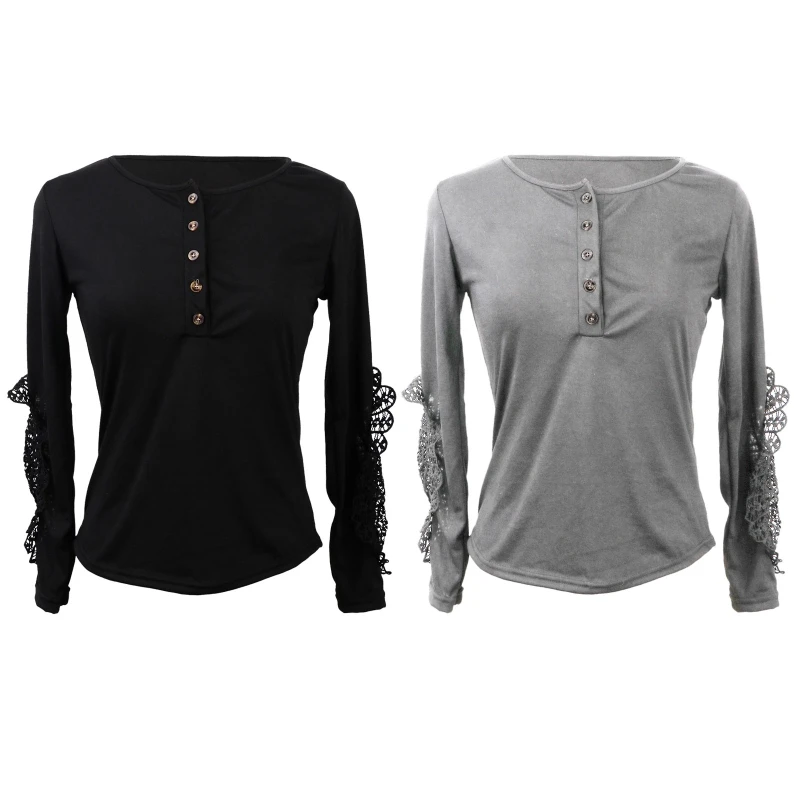 

Women Lace Splicing Long Sleeve T-Shirt Scoop Neck Button Up Slim Pullover Top T8NB